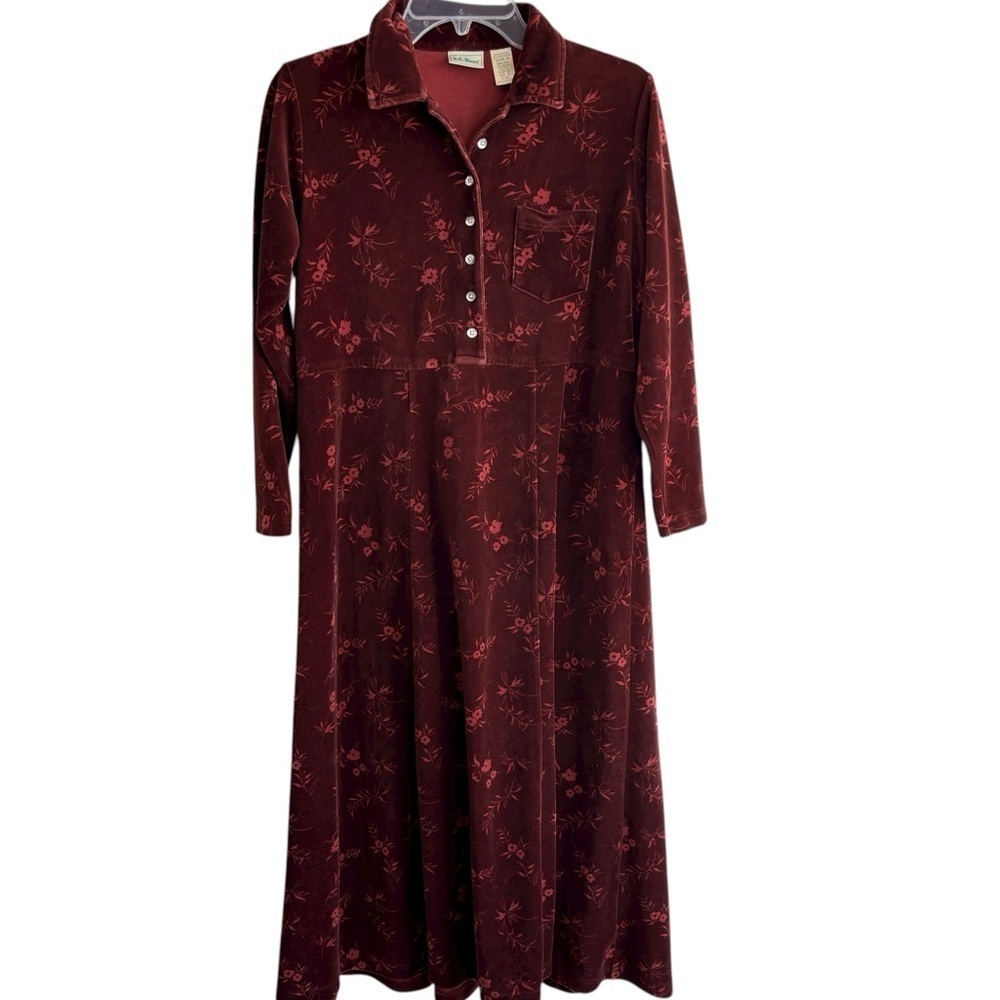 VTG L.L. Bean Velvet Burgundy Maxi Dress Floral Size 8P Mother Of Pearl Buttons